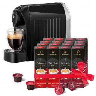 TCHIBO Cafissimo Easy Black aparat za kavu na kapsule + Espresso Elegant Aroma 8*10 kapsula + Espresso Intense Aroma 8*10 kapsula Dom