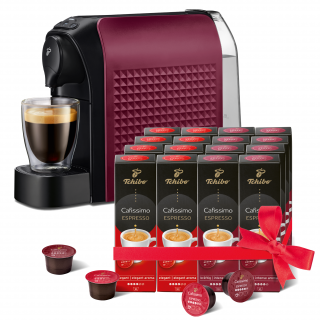 TCHIBO Cafissimo Easy Dark Red aparat za kavu na kapsule + Espresso Elegant Aroma 8*10 kapsula + Espresso Intense Aroma 8*10 kapsula Dom
